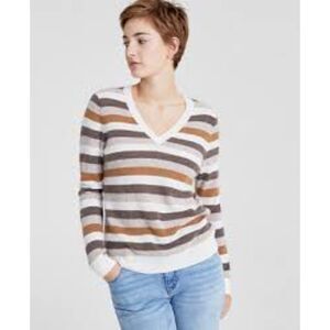 Charter Club Striped Cashmere V-neck Sweater Size M